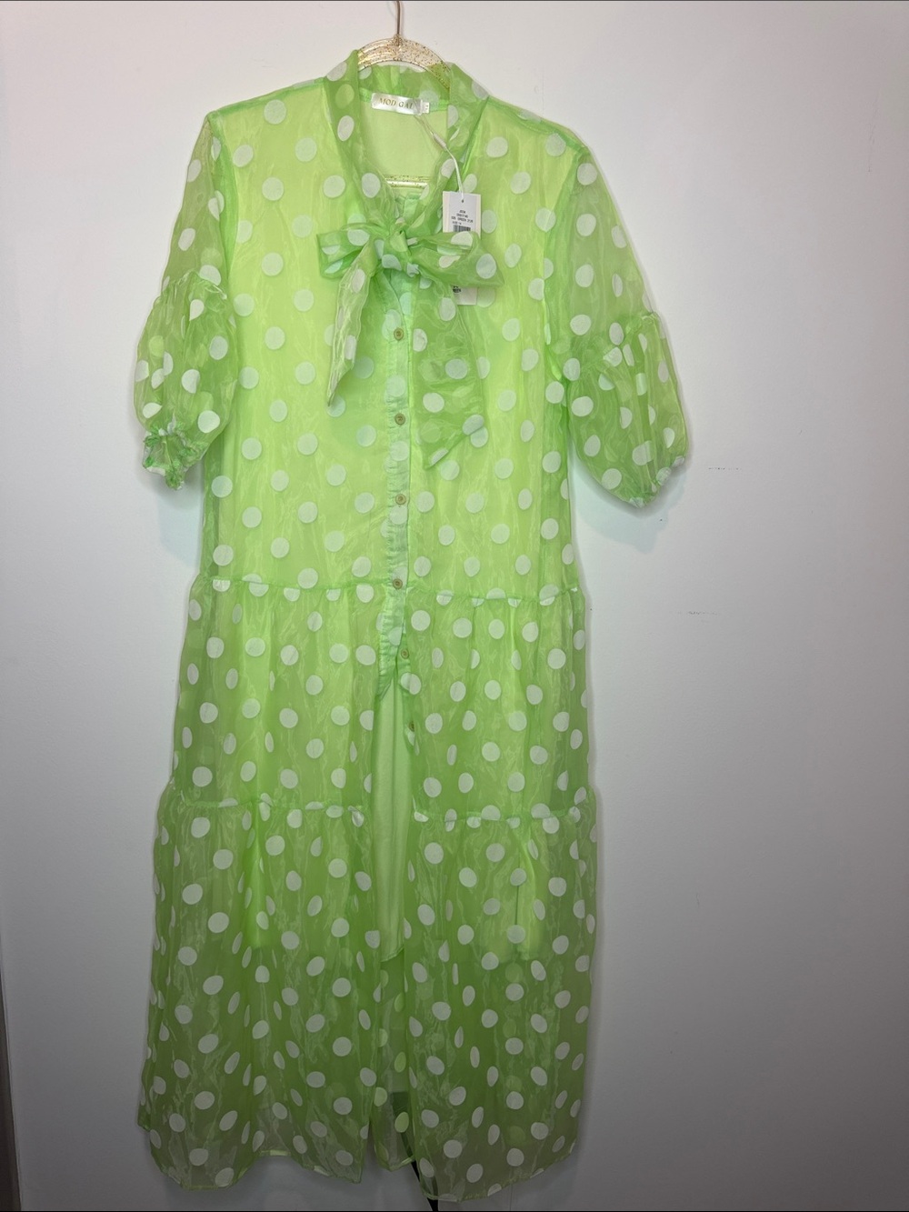 Mod Gal Women’s Green White Polka Dot Sheer Button Front Maxi Dress Size 14 NWT